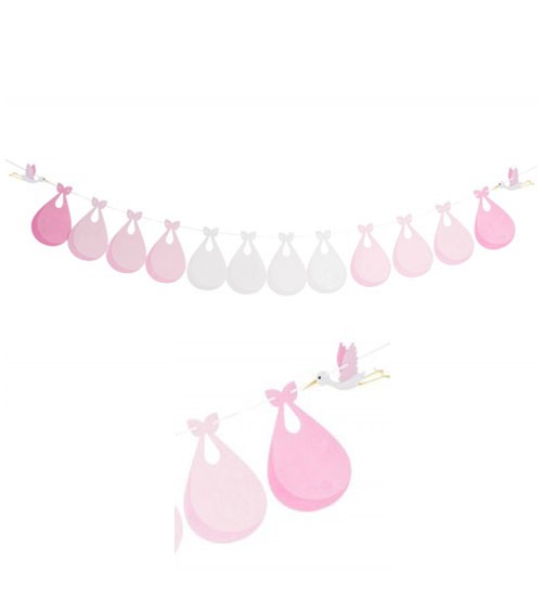 Babyparty-Girlande "Storch" - rosa & weiß - 2,4 m