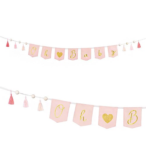 Stoff-Girlande "Oh Baby" mit Quasten - rosa & gold - 2,2 m