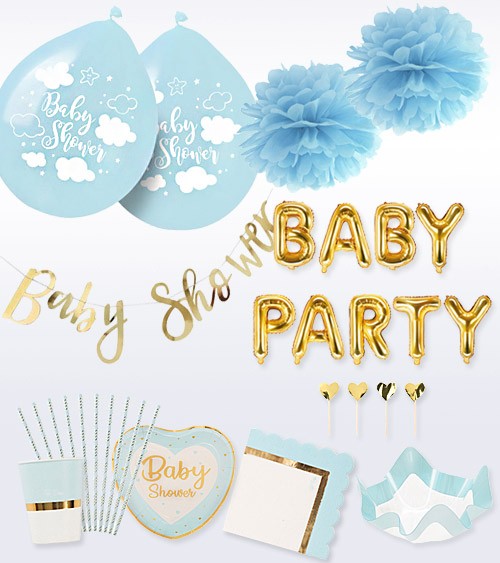 Babyparty Deko-Set "So sweet" - pastellblau - 56-teilig