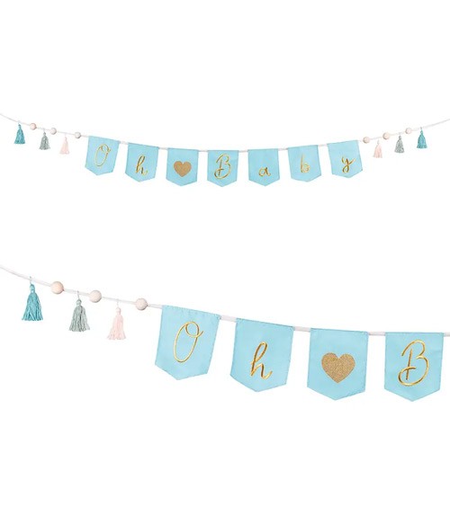 Stoff-Girlande "Oh Baby" mit Quasten - hellblau & gold - 2,2 m