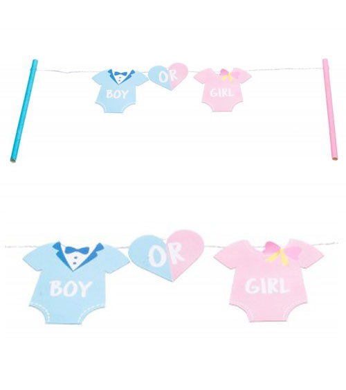 Süße hellblau- und rosafarbene Kuchengirlande zur Gender Reveal Party: Babybodys und ein Herz mit "Girl" "or" "Boy" Aufschrift zwischen zwei Papierhalmen.