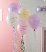 Luftballon-Set mit Tasseln "Happy Birthday" - Pastell - 5 Stück