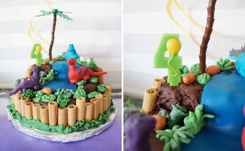 Dinosaurier Motiv-Torte als Highlight auf dem Kindergeburtsags-Büffet