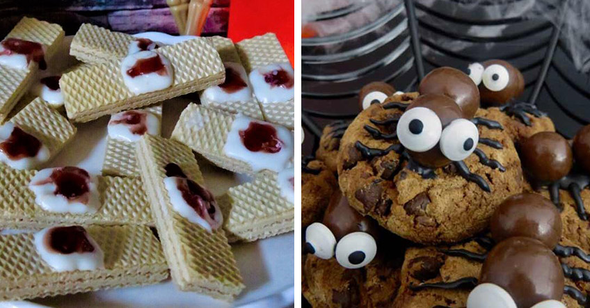 Waffel-Pflaster und Spinnen-Cookies auf dem Halloween Sweet Table