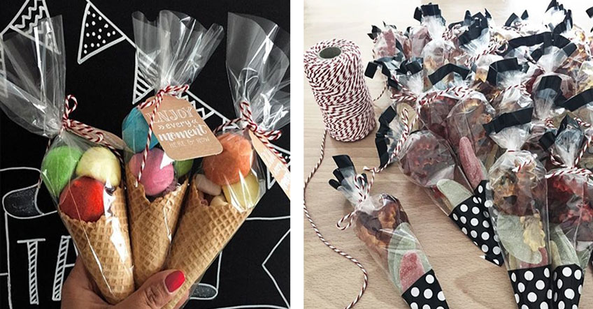 Mitgebsel kreativ verpackt - als Eistüten oder in kleinen Candy Bags mit schickem Bäckergarn verschnürt © Monefaktur