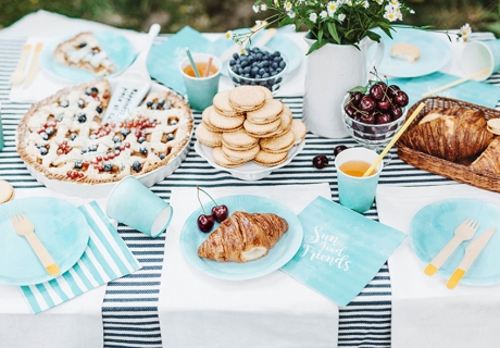 Toll fürs Sommerpicknick - Deko mit fröhlichen Streifen in himmelblauer Farbe